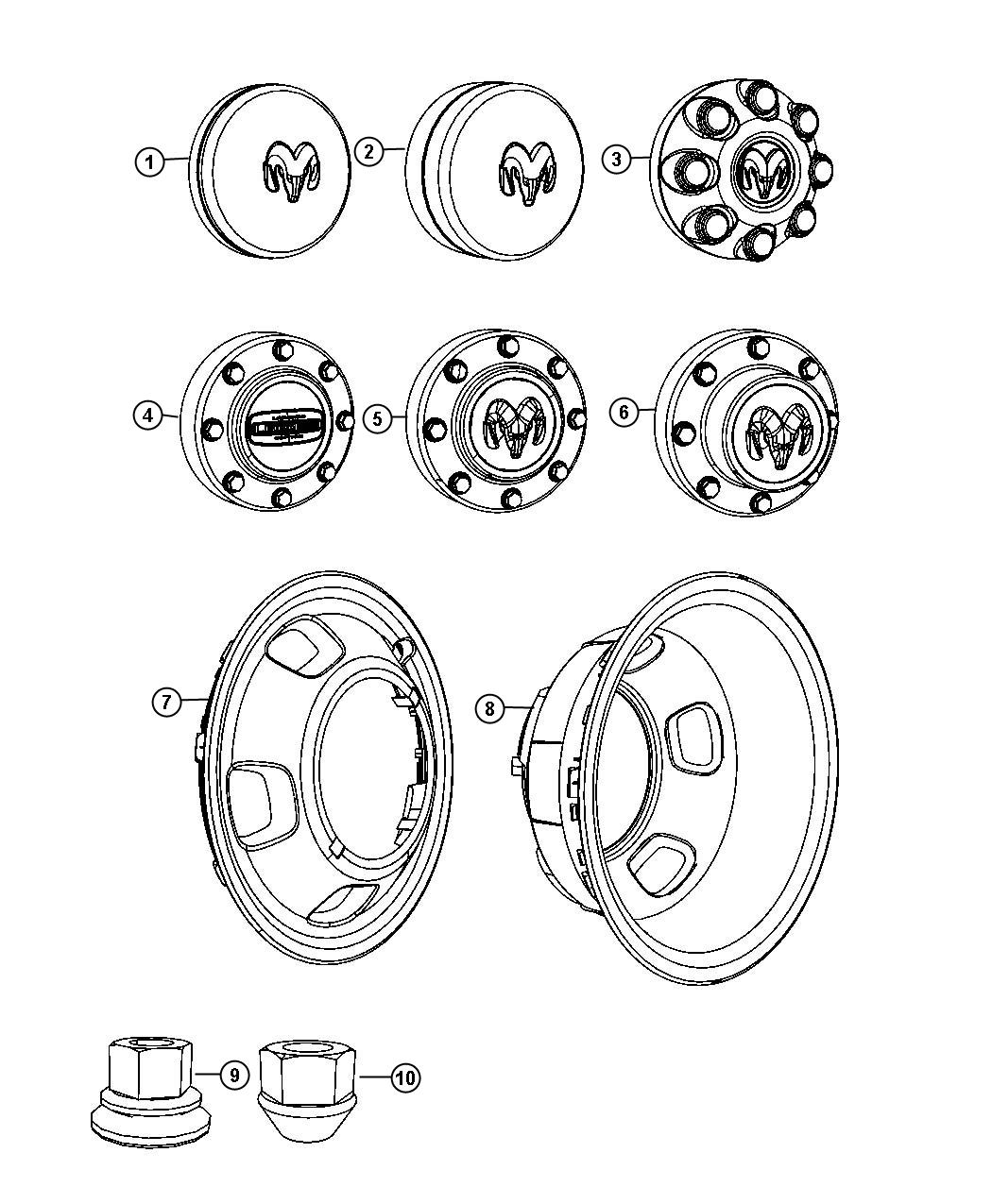 Diagram Wheel Covers and Center Caps. for your 2018 Ram 3500  <10K LB. CREW CAB CHASSIS 
