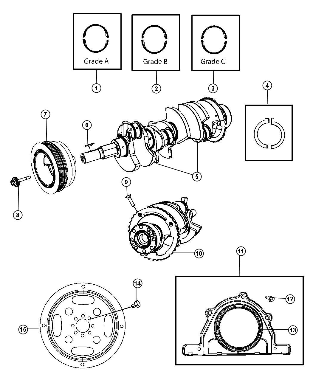 Diagram Crankshaft, Crankshaft Bearings, Damper And Flywheel 5.7L HEV [5.7L V8 HEMI HEV Engine]. for your 2001 Chrysler 300  M 