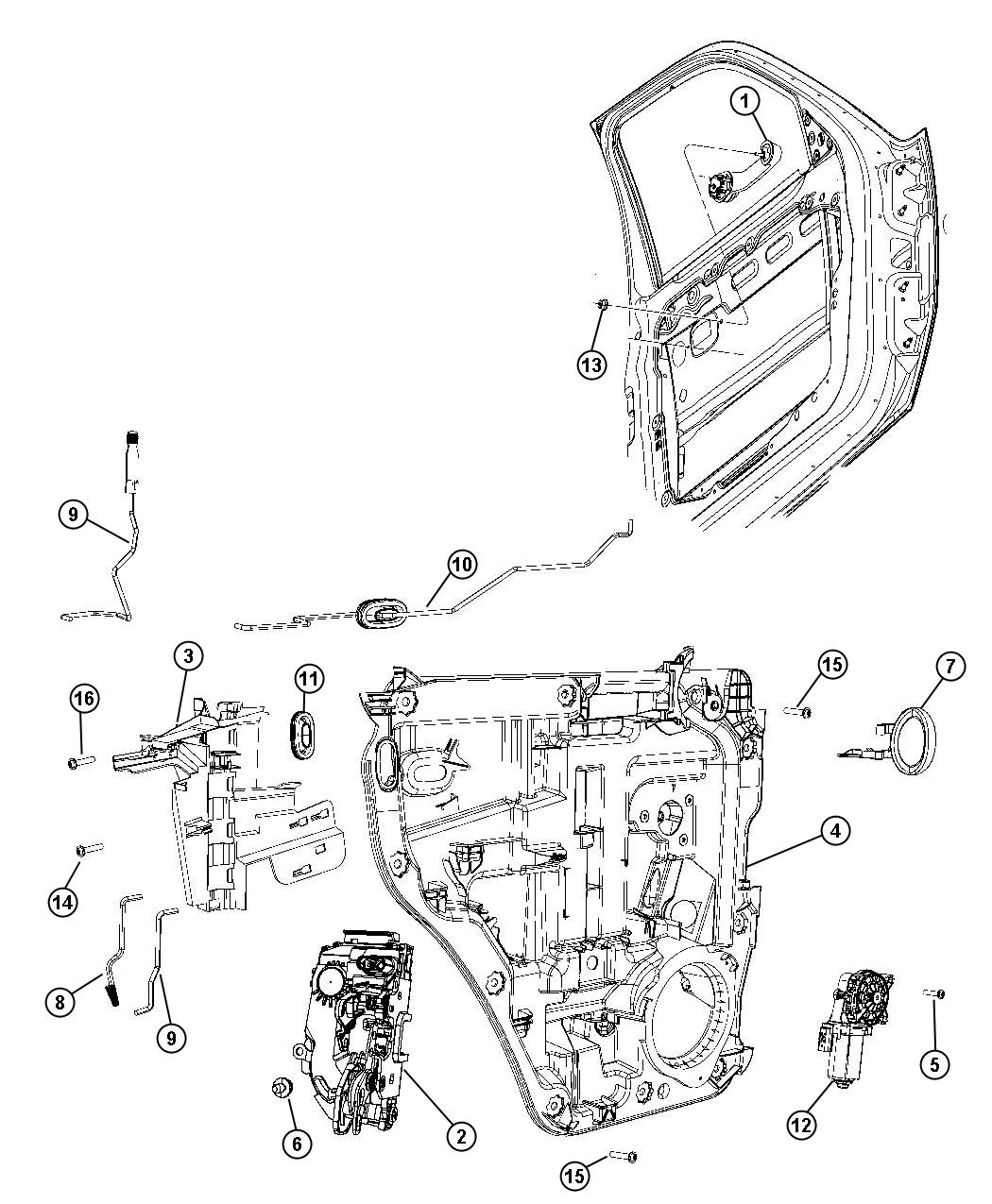 Diagram Rear Door, Hardware Components. for your Dodge NITRO  