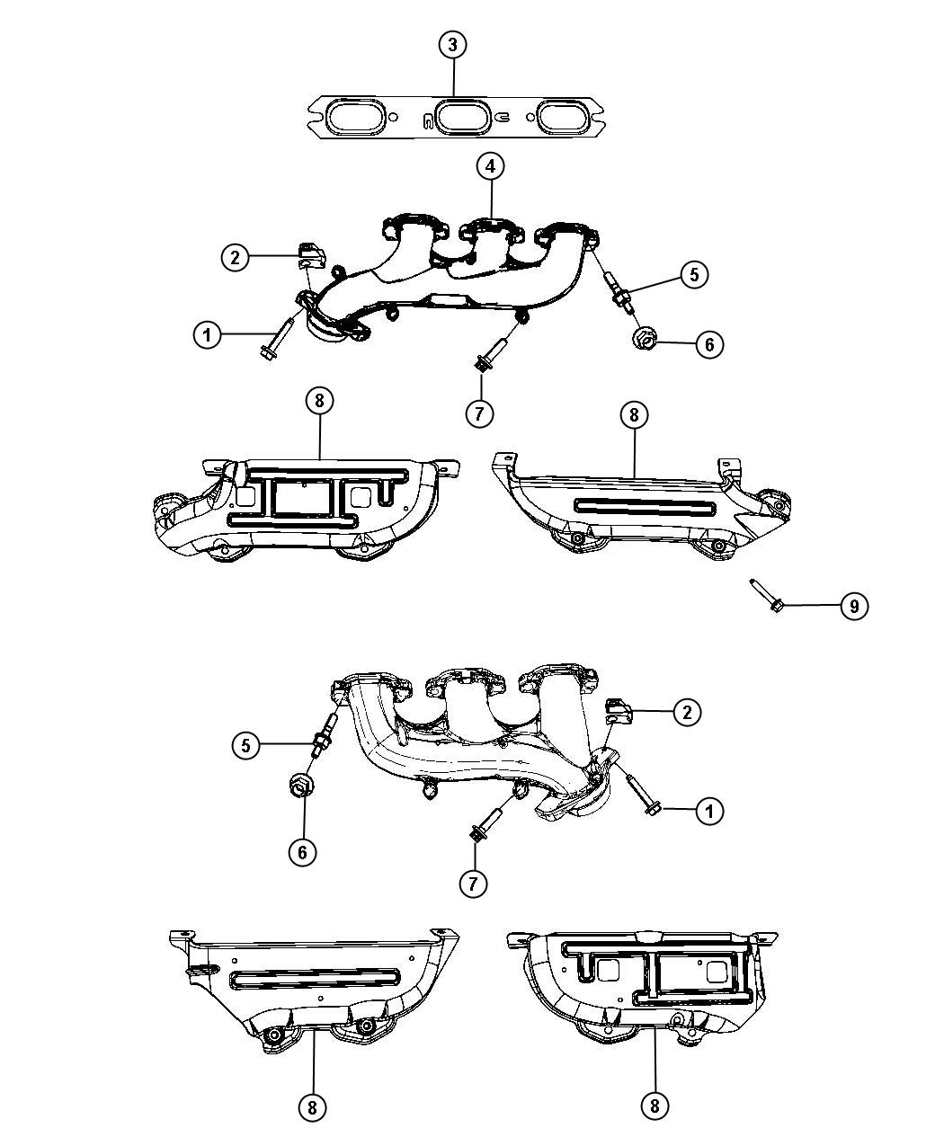 Diagram Exhaust Manifold And Heat Shields 4.0L [4.0L V6 SOHC Engine]. for your 2007 Dodge Grand Caravan LWB 2.4L I4 