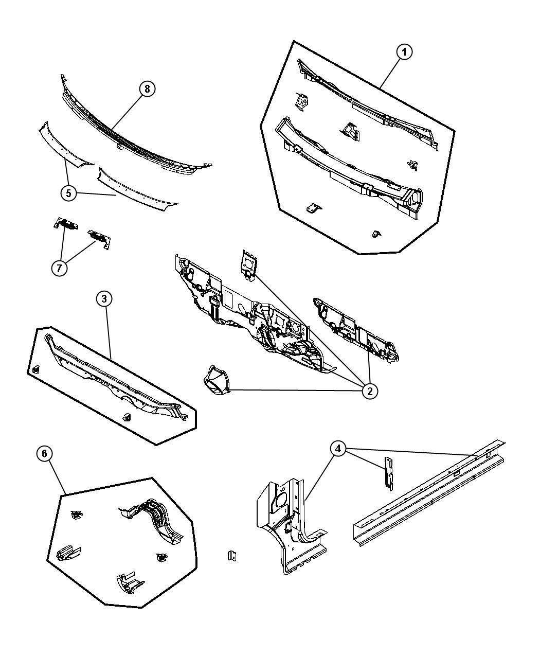 Diagram Cowl, Dash Panel, and Related Parts. for your 2011 Dodge Journey  CREW 