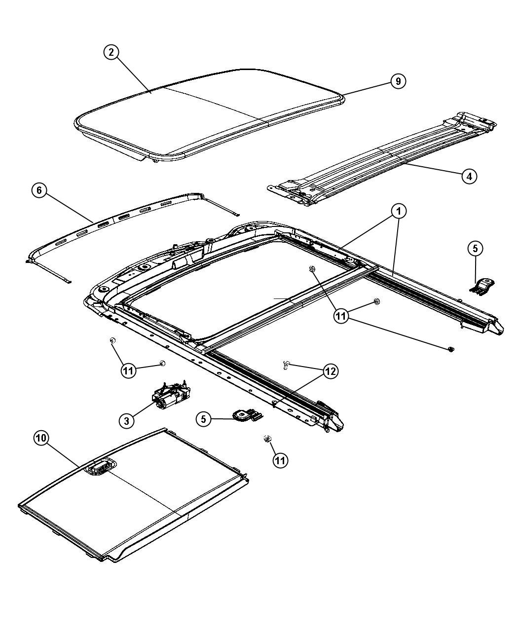 Diagram Sunroof Glass and Component Parts - [Power Express Open/Close Sunroof]. for your 2020 Fiat 500X   