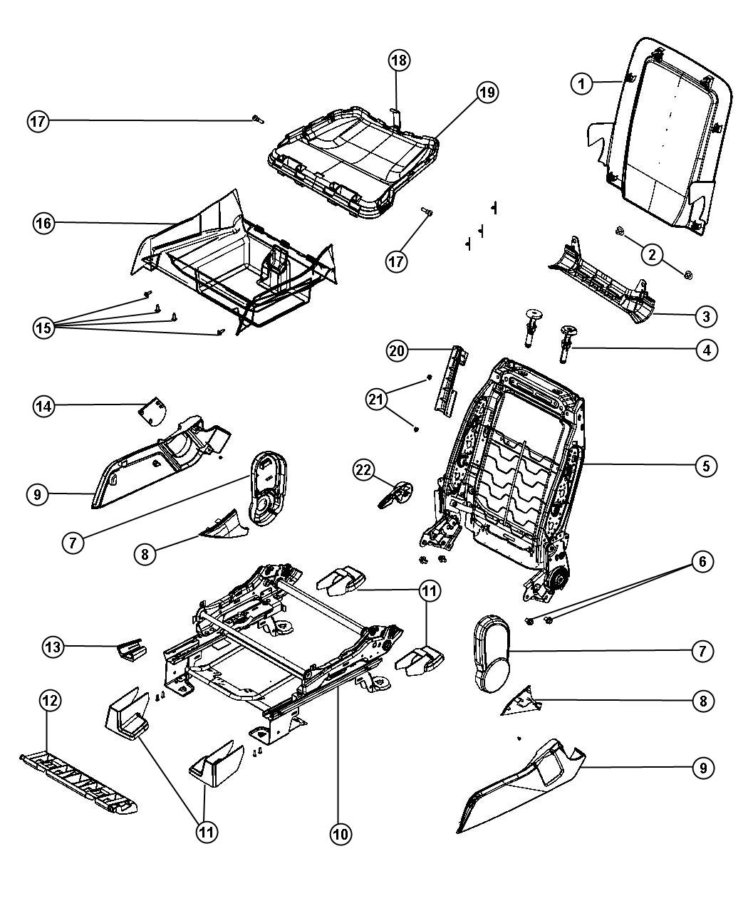 Adjusters, Recliners and Shields - Passenger Seat - Manual - Fold Flat. Diagram