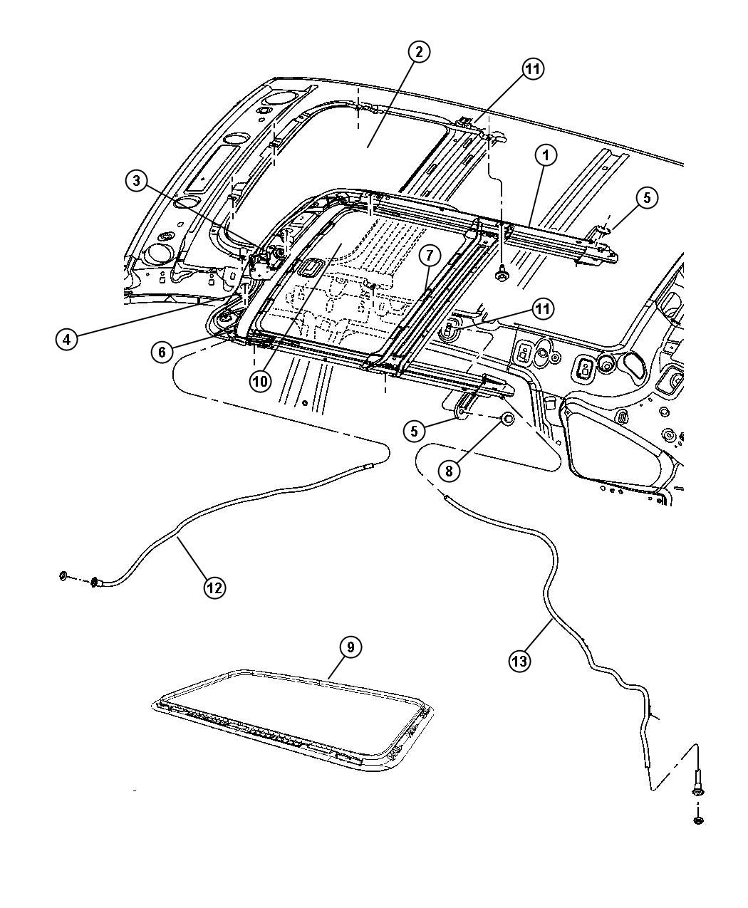 Diagram Sunroof Glass and Component Parts. for your 2020 Fiat 500X   