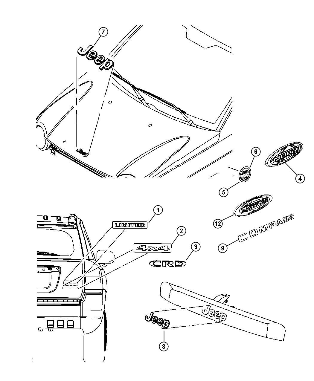 Diagram Nameplates, Emblems and Medallions. for your Jeep Compass  