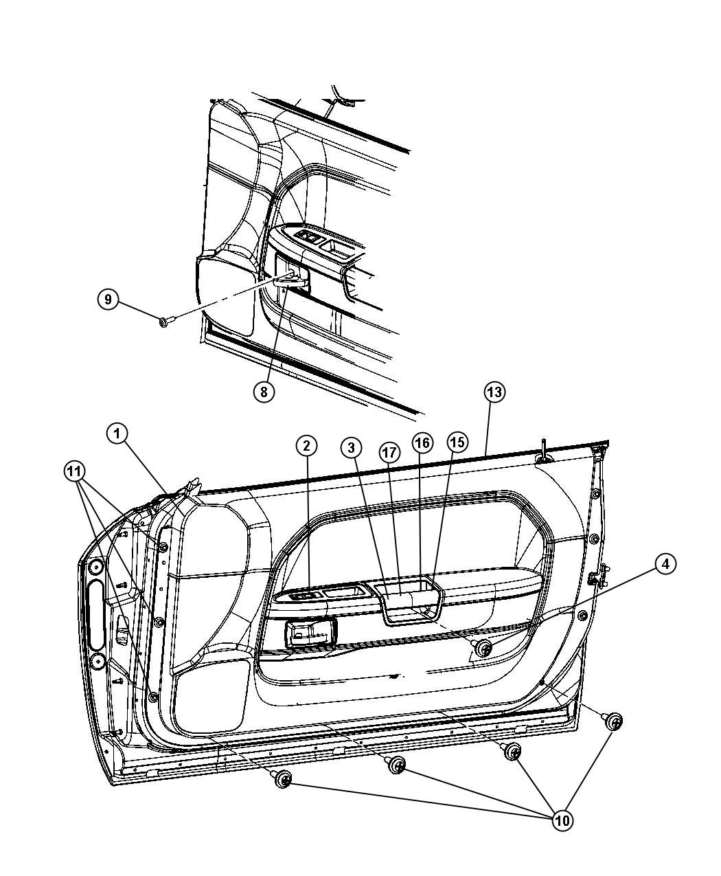 Diagram Front Door Trim Panels. for your 2014 Dodge Challenger   