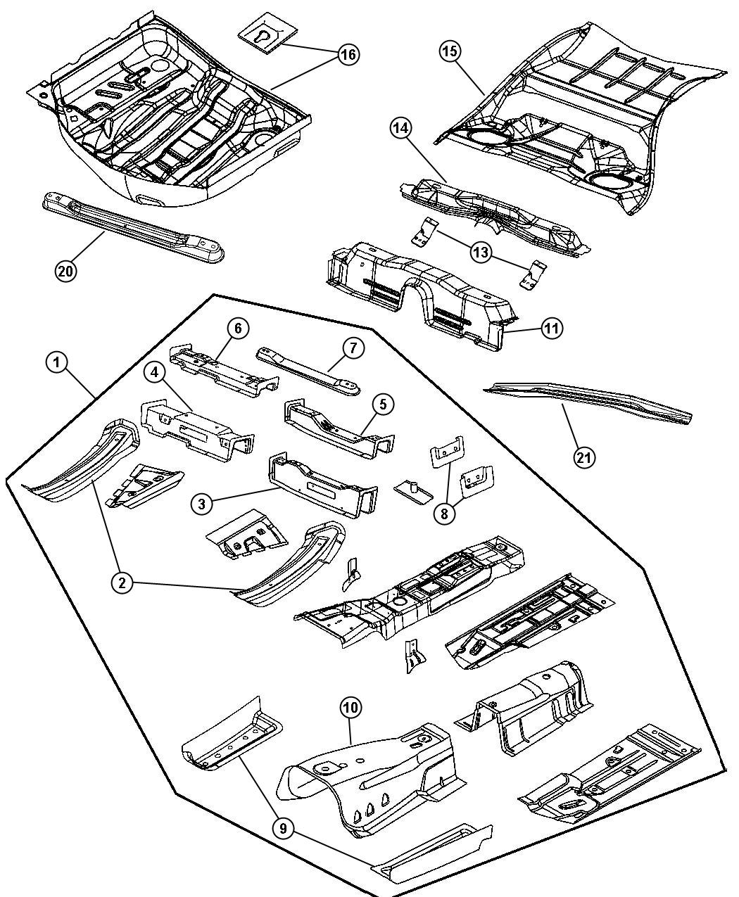 Diagram Front, Center and Rear Floor Pan. for your 2004 Dodge Grand Caravan   