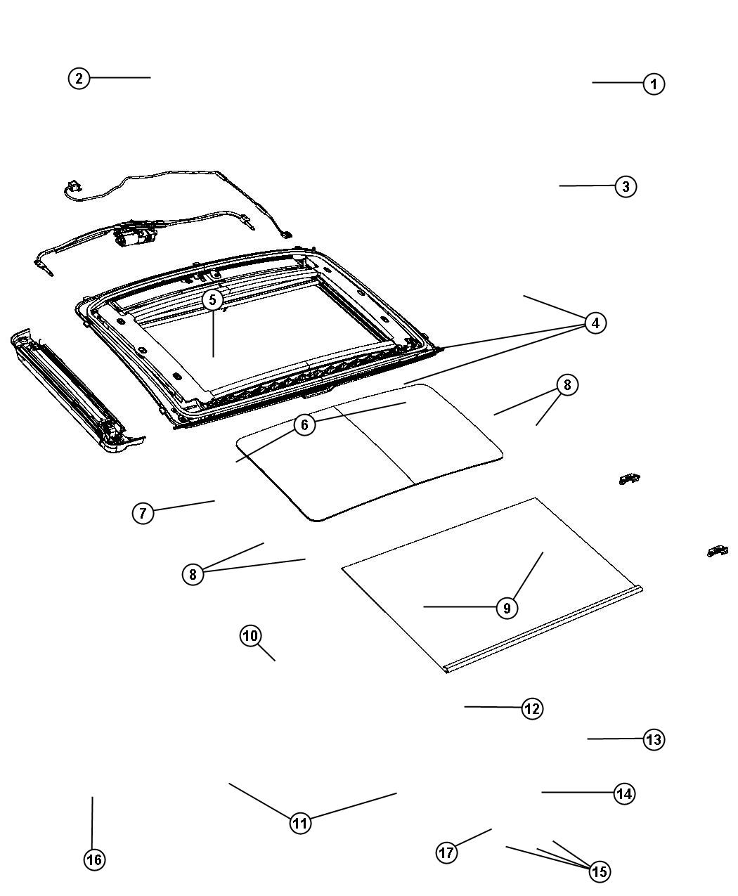 Diagram Sunroof Glass and Component Parts [Power Sunroof]. for your 2022 Fiat 500X   