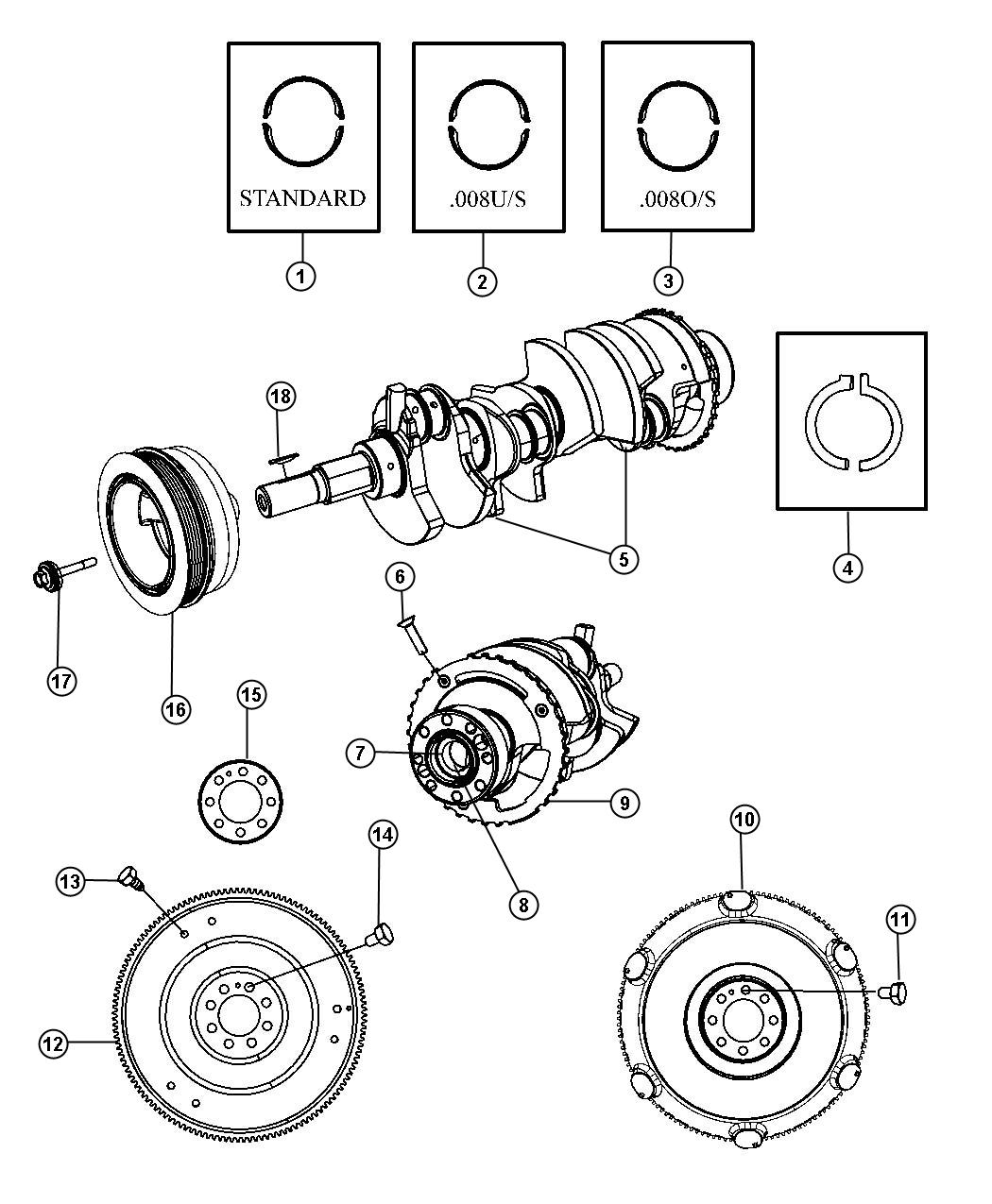 Diagram Crankshaft, Crankshaft Bearings, Damper And Flywheel 6.4L [6.4L SRT HEMI SMPI V8 Engine] With MDS. for your 2008 Dodge Charger   