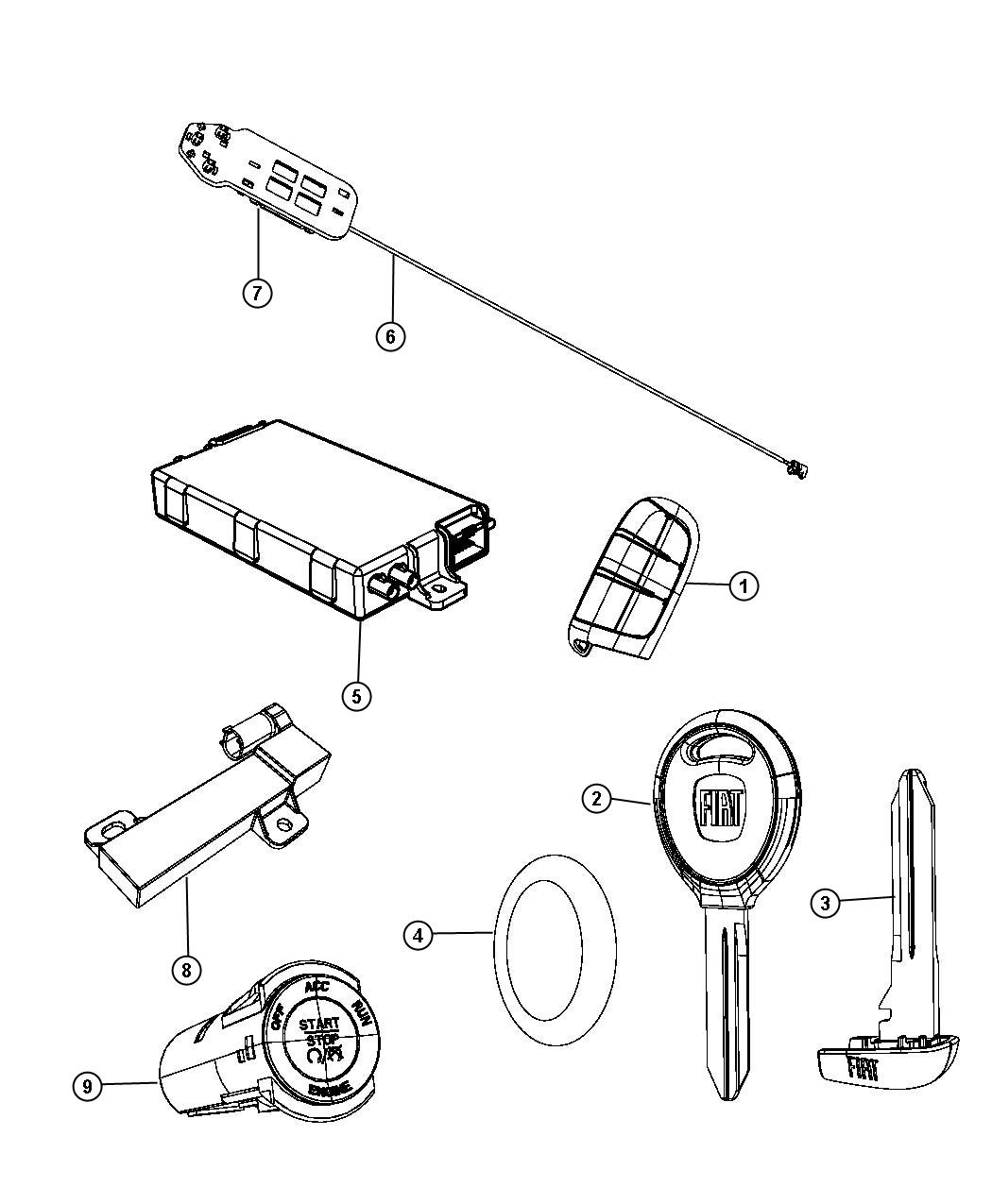 Diagram Receiver Modules, Key, and Key Fobs. for your 2016 Chrysler 200   