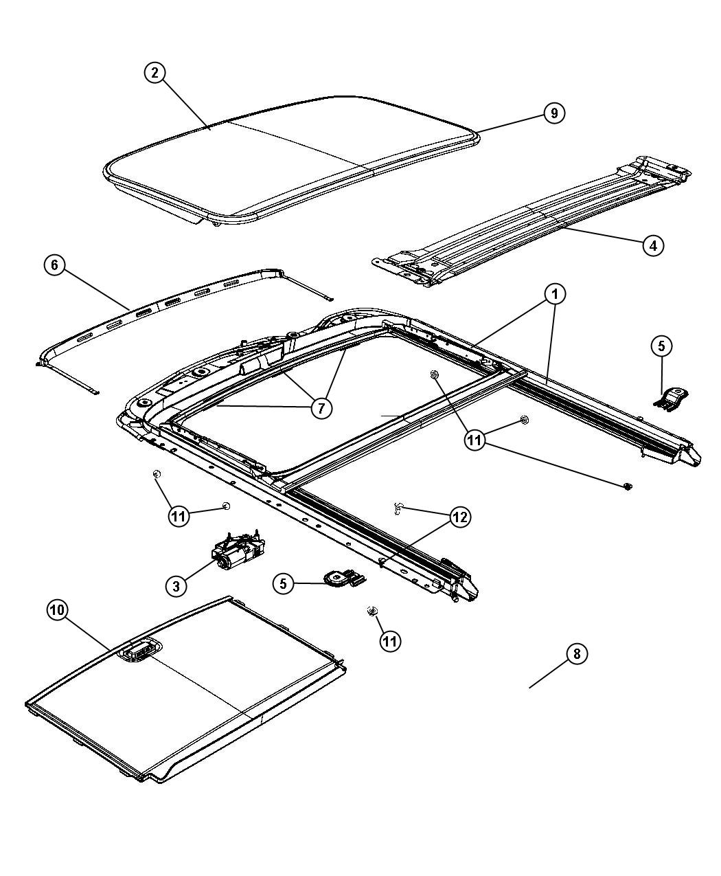 Diagram Sunroof Glass and Component Parts - [Power Express Open/Close Sunroof]. for your 2017 Fiat 500X   