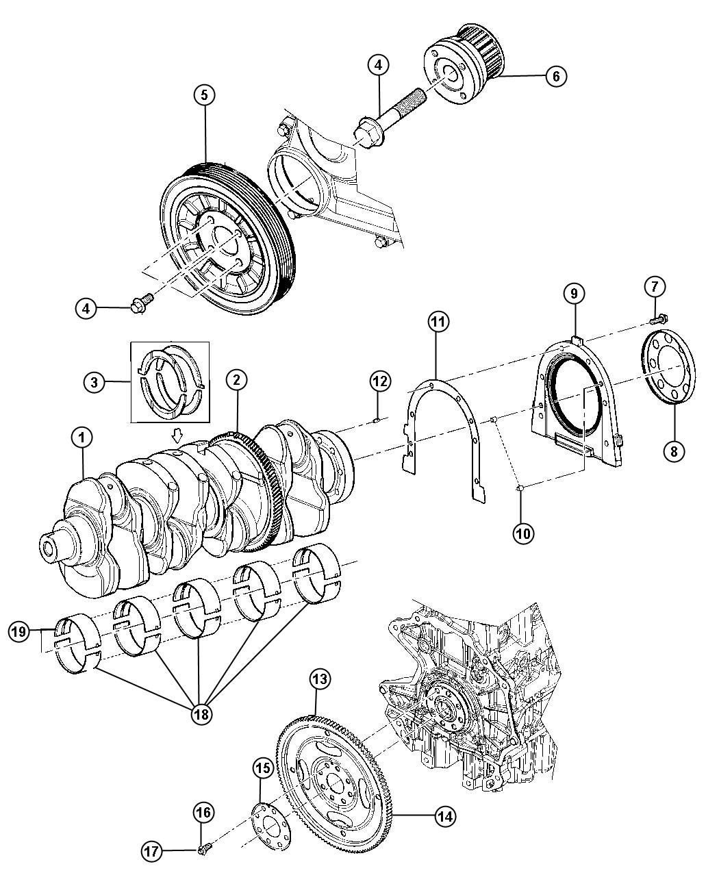 Diagram Crankshaft, Crankshaft Bearings, Damper And Flywheel 2.8L Diesel [2.8L I4 Turbo Diesel Engine]. for your 2012 Jeep Wrangler   