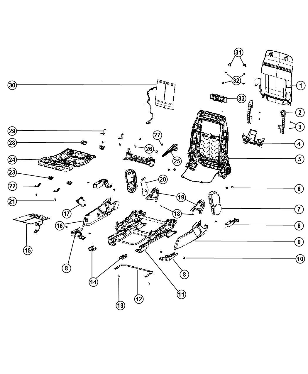 Adjusters, Recliners and Shields - Passenger - Manual - Fold Flat. Diagram