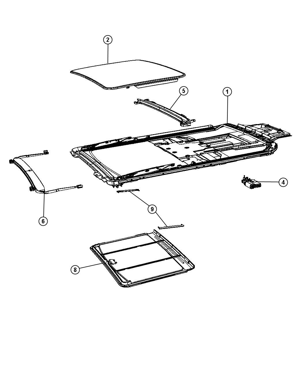 Diagram Sunroof Glass and Component Parts. for your Dodge Grand Caravan  