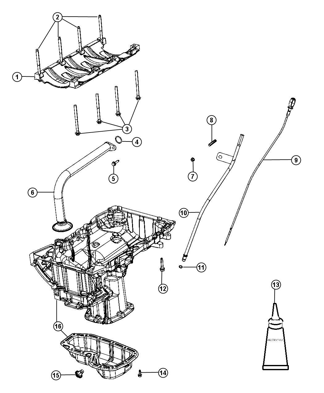 Diagram Engine Oil Pan, Engine Oil Level Indicator And Related Parts 3.6L [3.6L V6 VVT Engine]. for your 2012 Dodge Challenger   