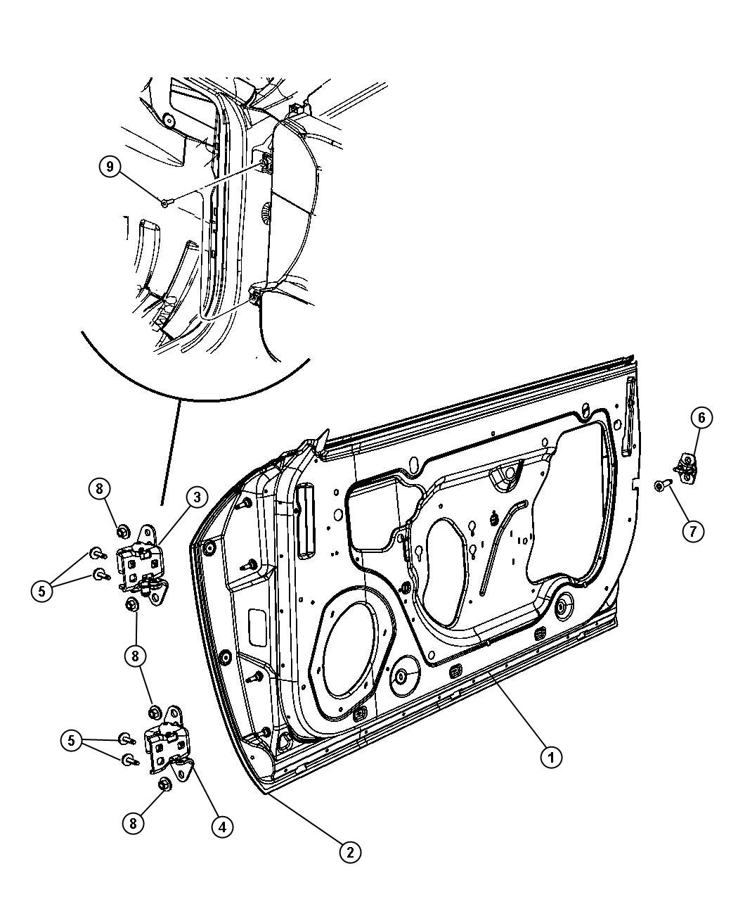 Diagram Front Door, Shell and Hinges. for your 2012 Dodge Challenger  R/T 