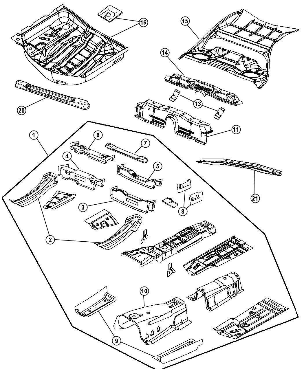 Diagram Front, Center and Rear Floor Pan. for your 1999 Dodge Grand Caravan   