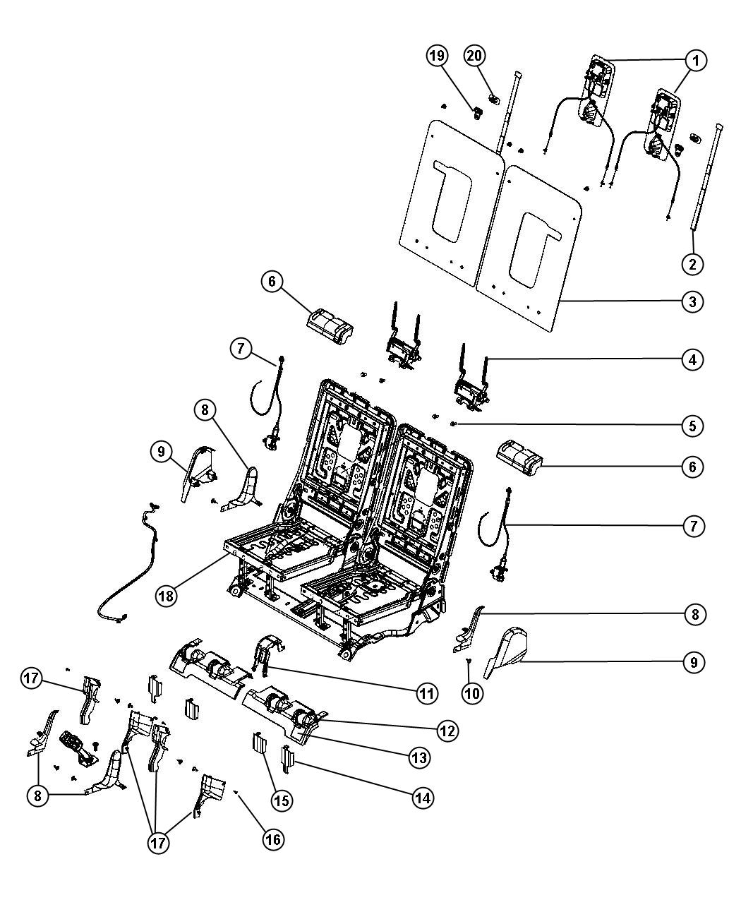 Diagram Third Row - Adjusters, Recliners and Shields - 50/50 Split Seat. for your Dodge