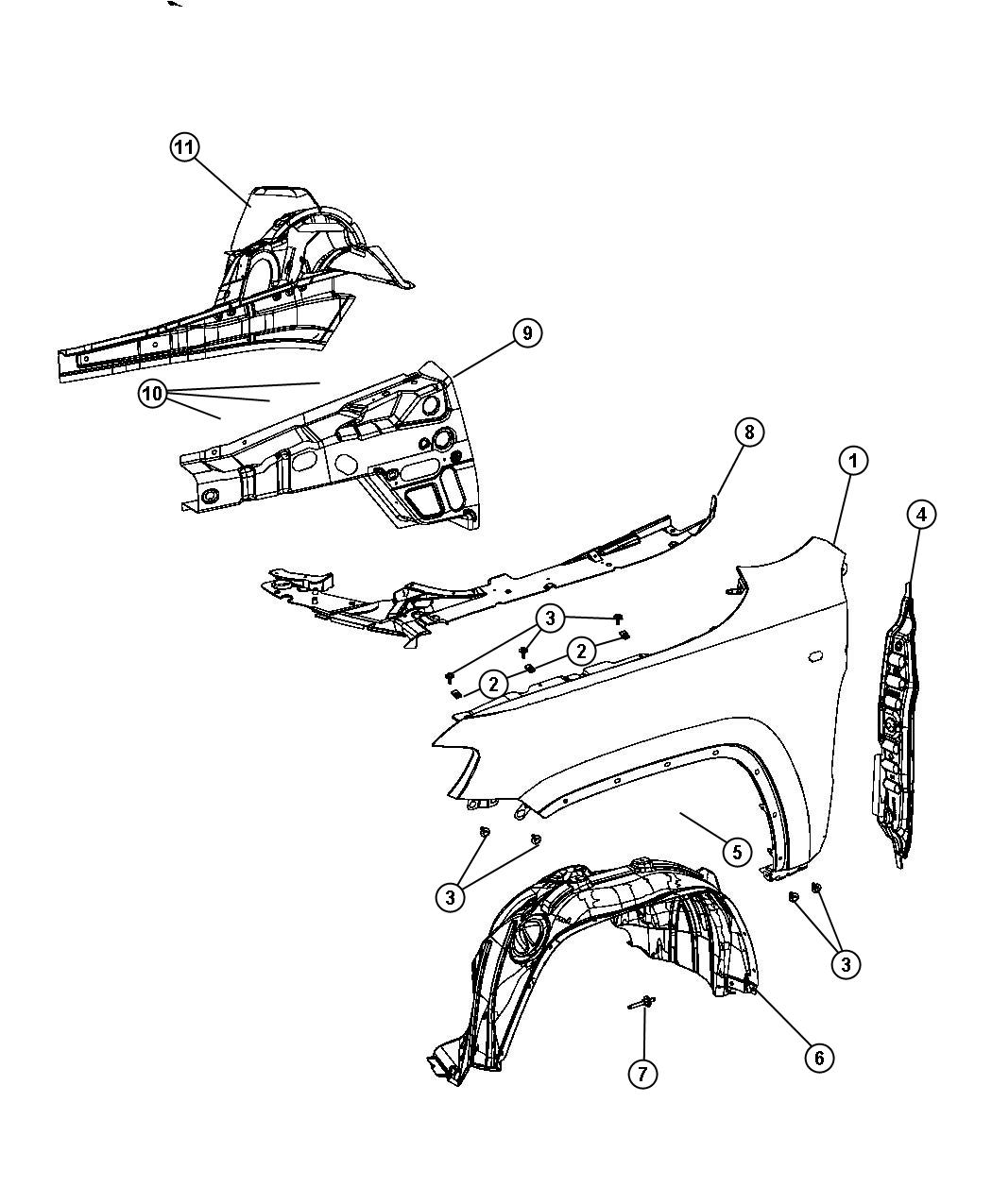 Diagram Front Fender and Shields. for your Jeep