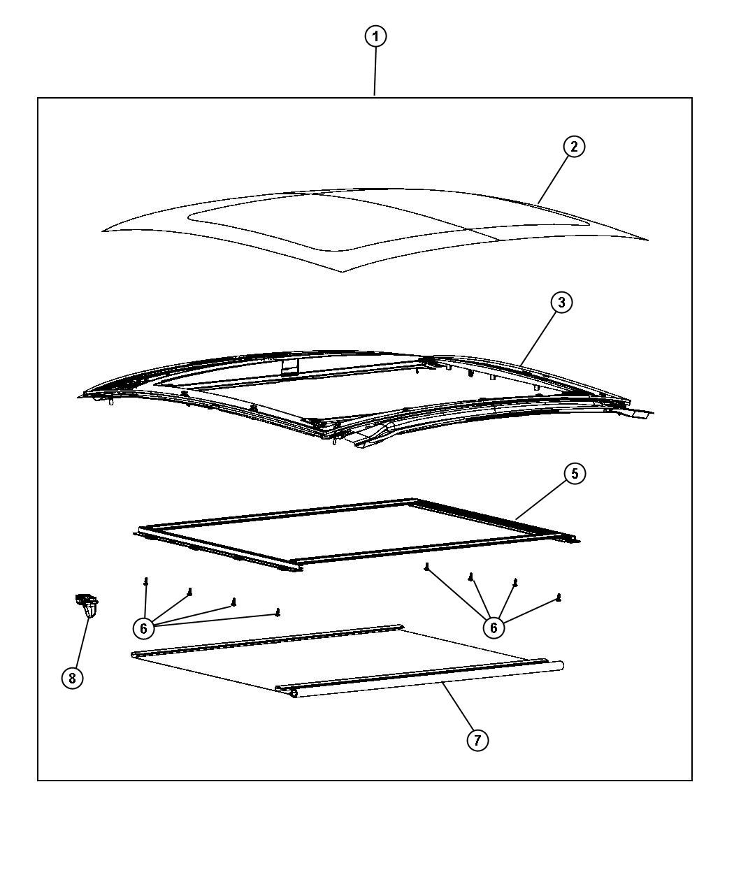 Diagram Sunroof Glass and Component Parts [Fixed Glass Roof]. for your 2022 Fiat 500X   