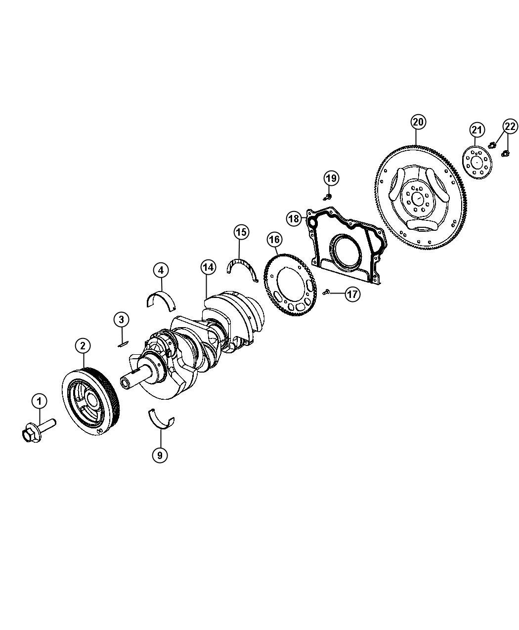 Diagram Crankshaft, Crankshaft Bearings, Damper And Flywheel 3.6L [3.6L V6 VVT Engine]. for your Dodge Challenger  