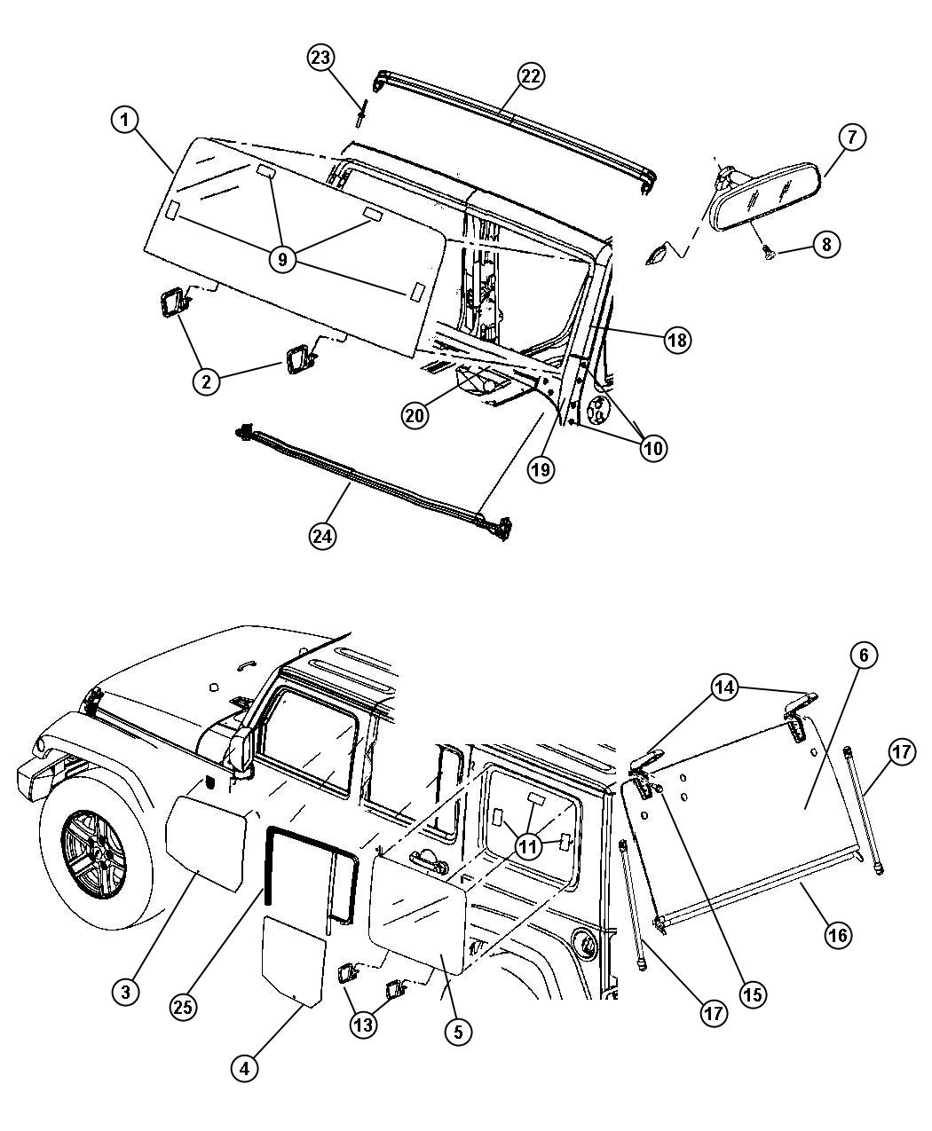 Diagram Glass, Glass Hardware and Interior Mirror. for your Jeep