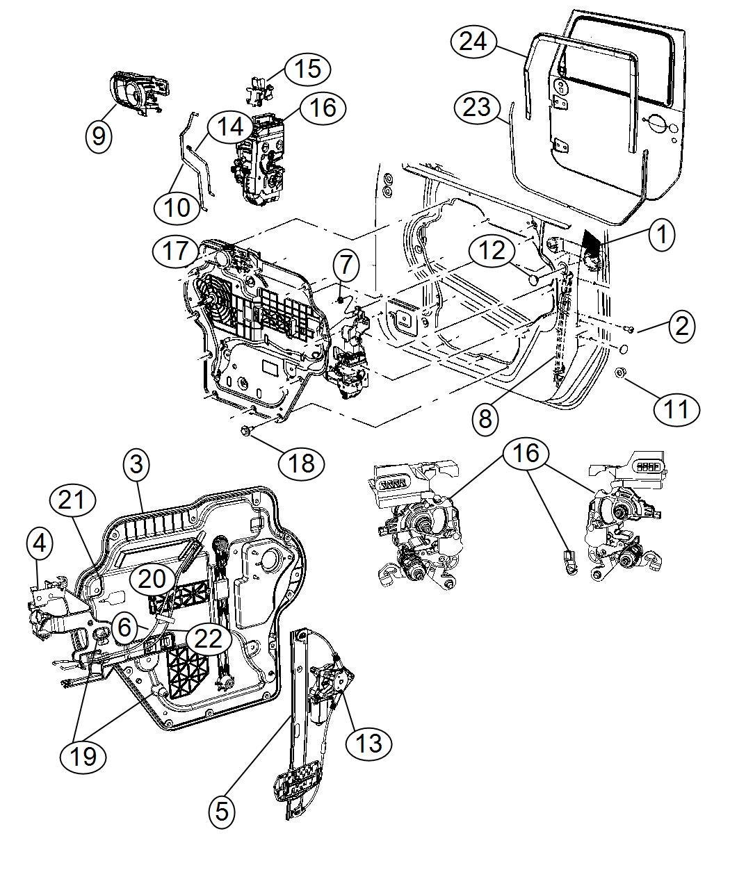 Diagram Front Door, Hardware Components, Full Door. for your 2002 Chrysler 300  M 