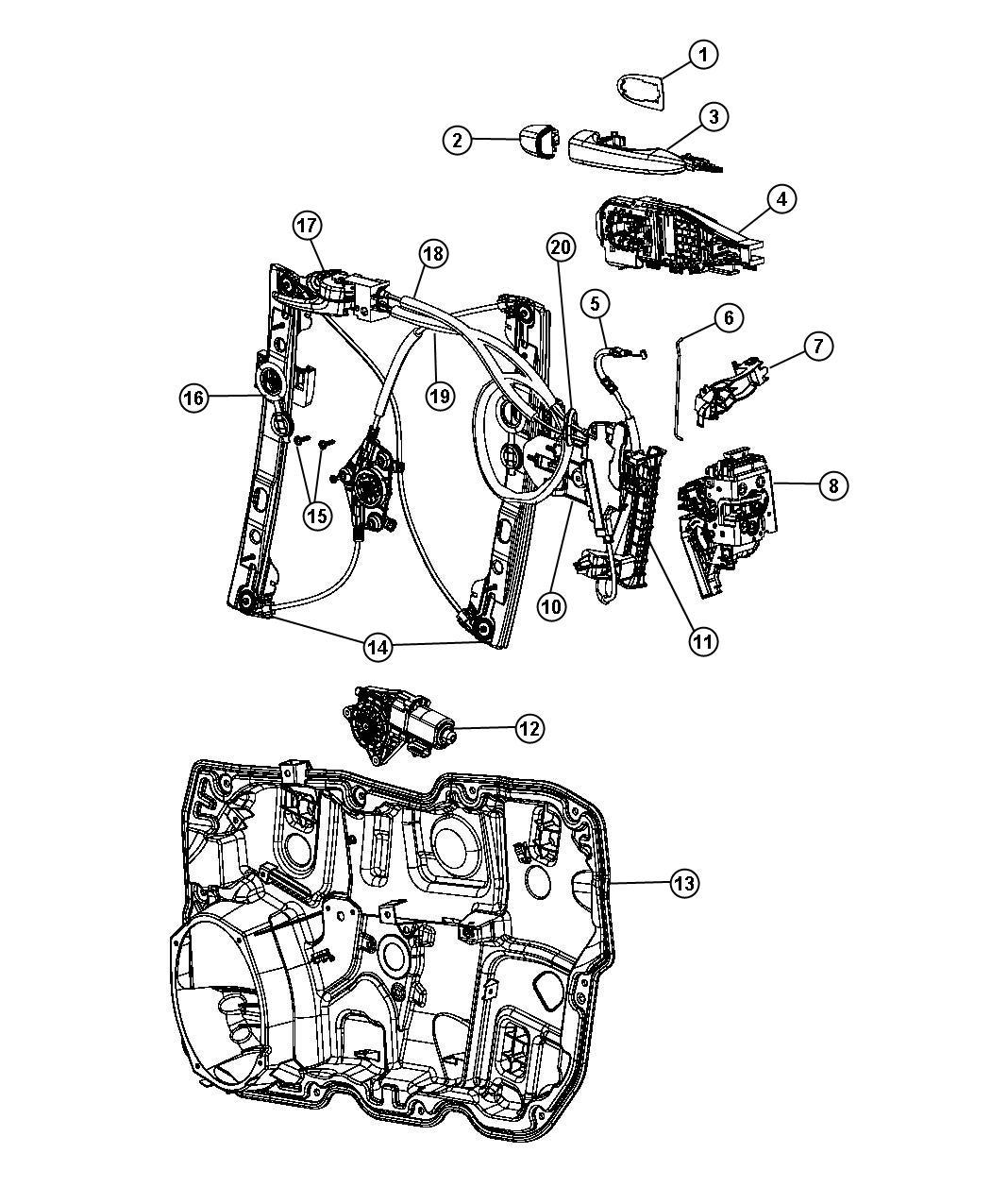 Diagram Front Door, Hardware Components. for your 2016 Dodge Challenger   