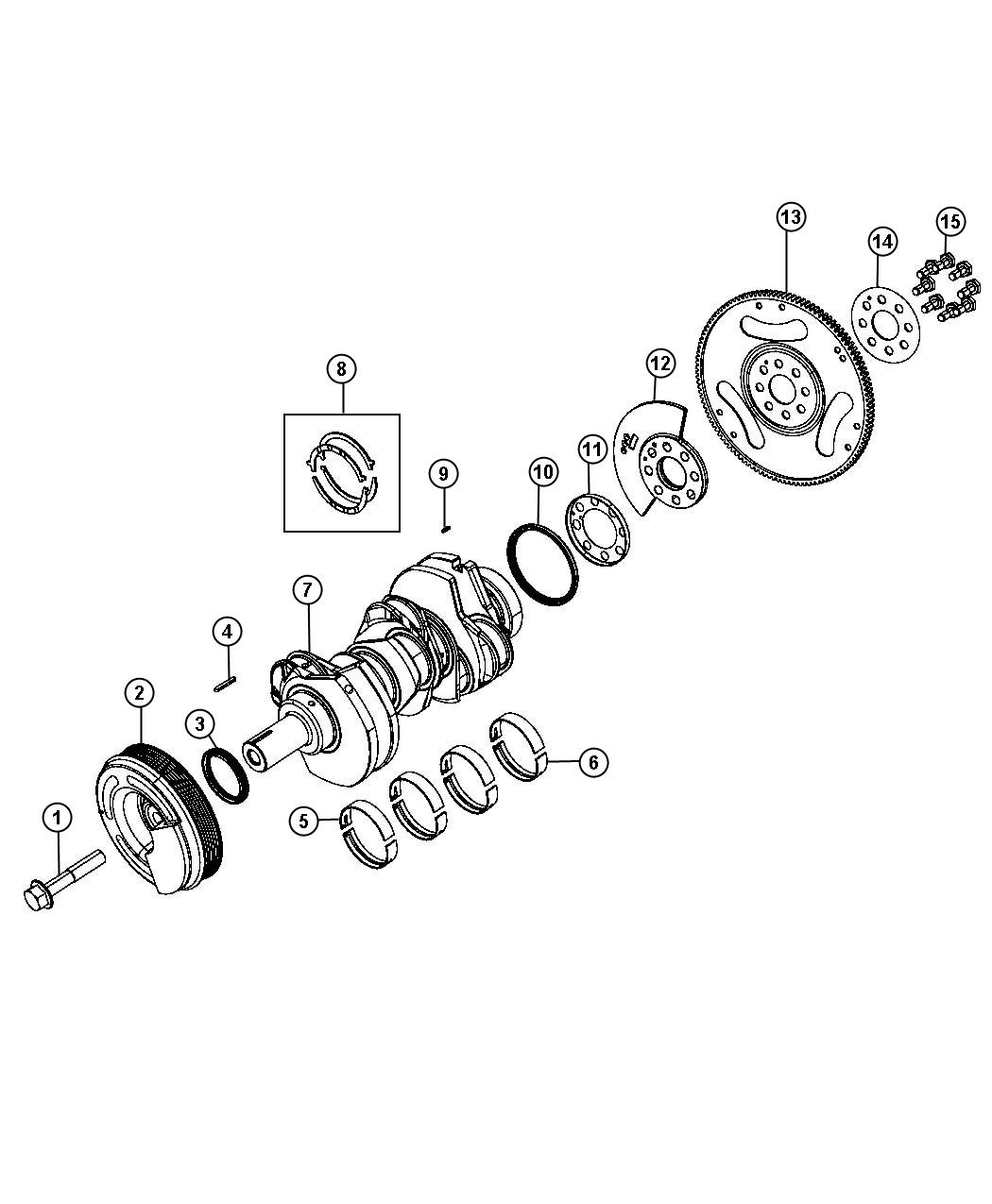 Diagram Crankshaft, Crankshaft Bearings, Damper And Flywheel 3.0L Diesel [3.0L V6 Turbo Diesel Engine]. for your Jeep