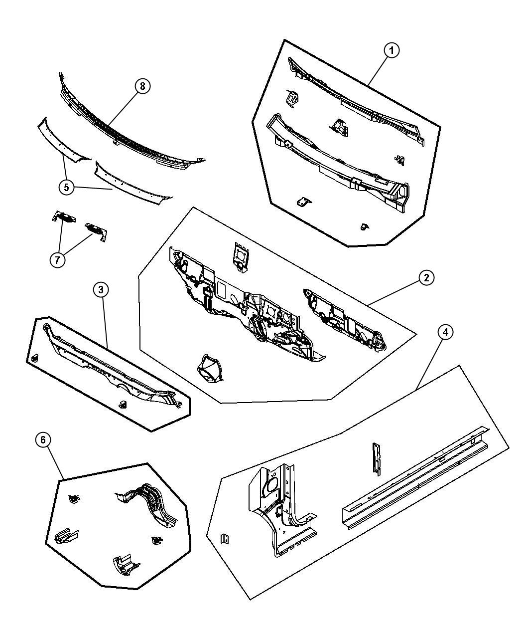 Cowl, Dash Panel, and Related Parts. Diagram