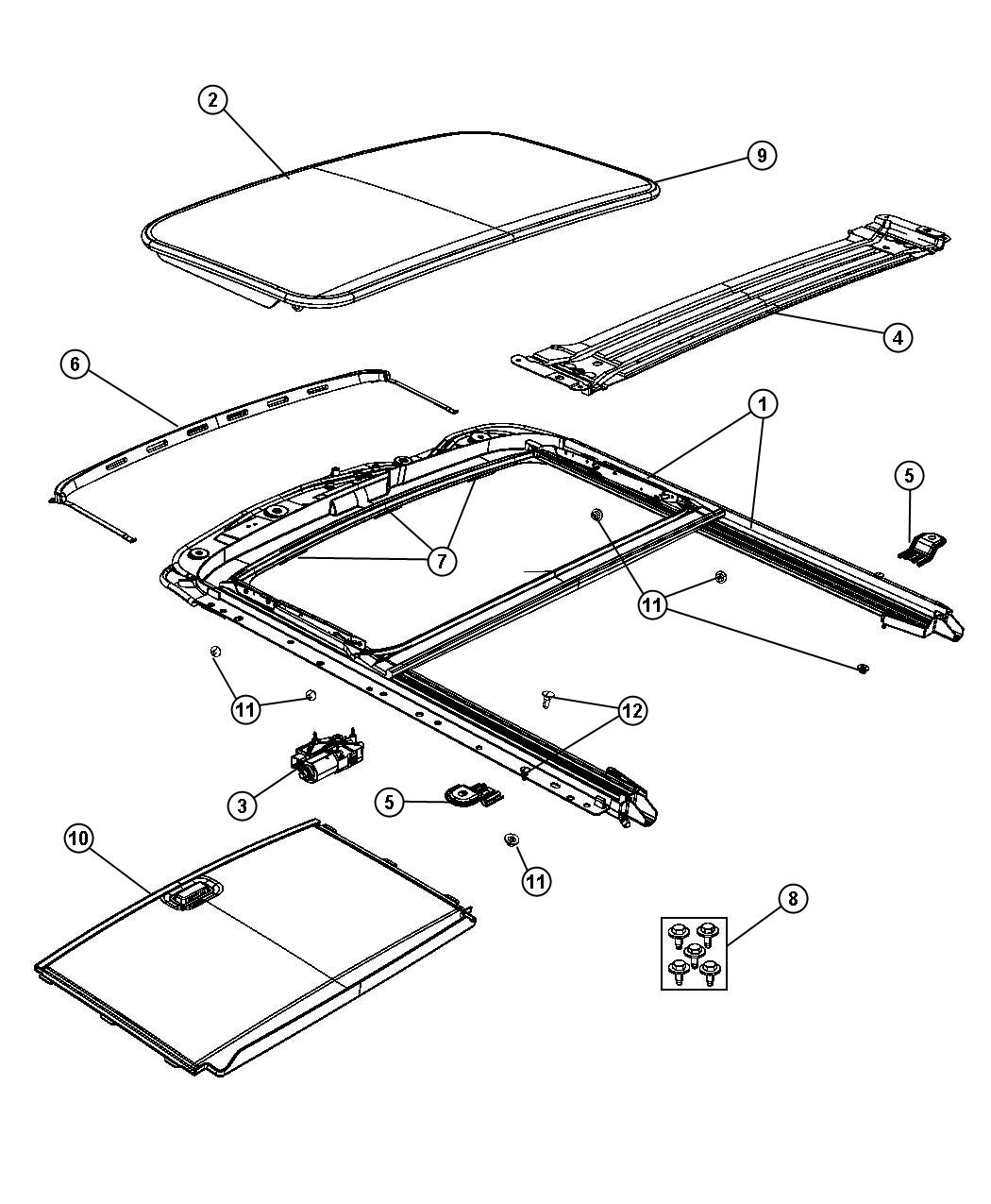 Diagram Sunroof Glass and Component Parts - [Power Express Open/Close Sunroof]. for your 2017 Fiat 500X   