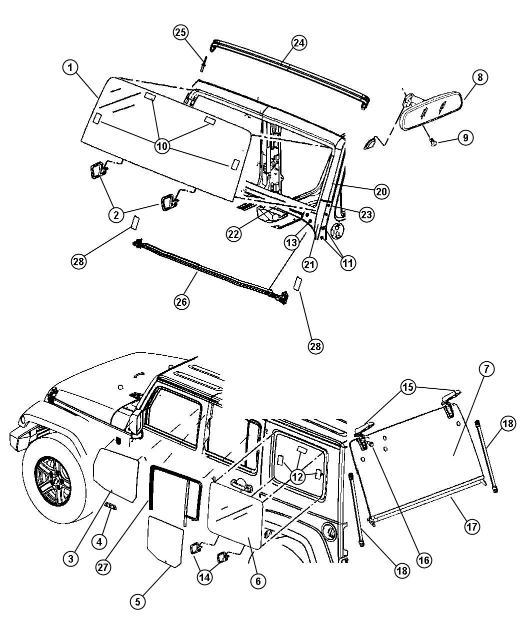 Diagram Glass, Glass Hardware and Interior Mirror. for your Jeep Wrangler  