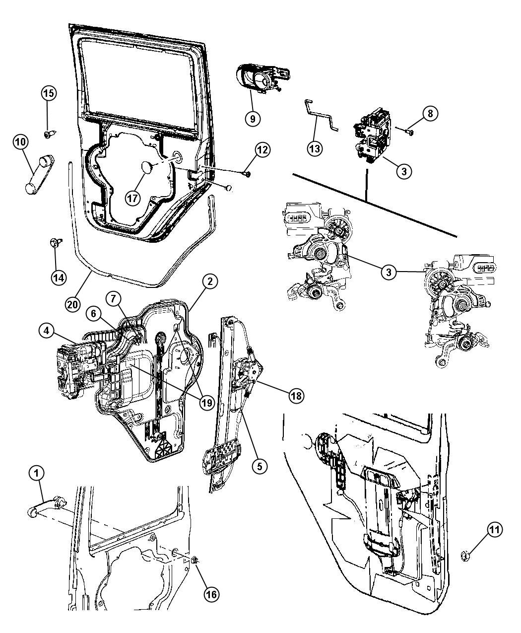 Diagram Rear Door, Hardware Components, Full Door. for your 2013 Jeep Wrangler 3.6L V6 M/T 4X4 Unlimited Sahara 