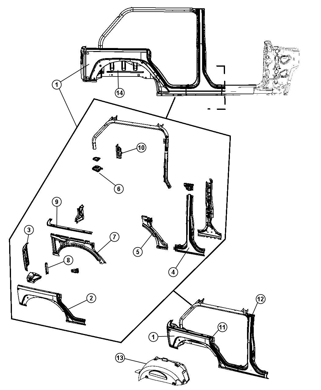 Diagram Rear Aperture [Quarter] Panel 4-Door. for your Jeep Wrangler  