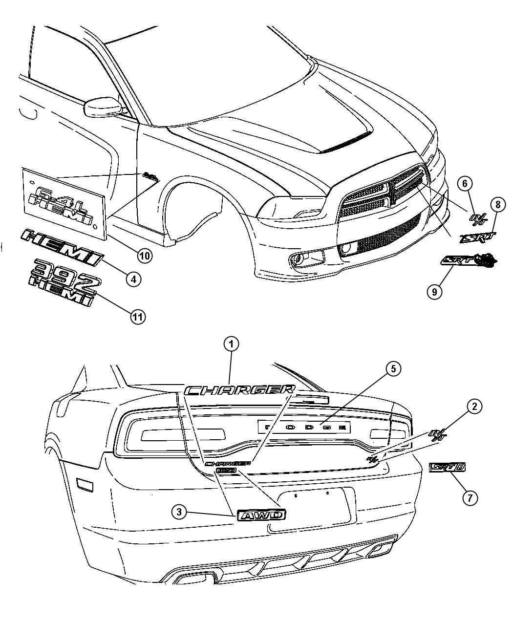 Diagram Nameplates, Emblems and Medallions. for your 2013 Dodge Charger  SRT8 