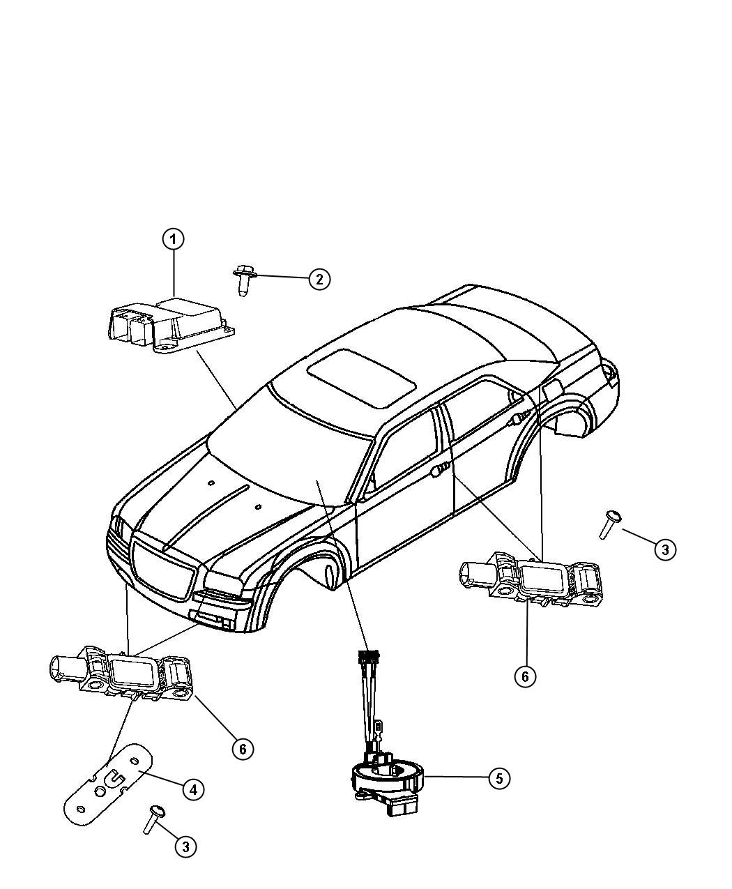 Air Bag Module, Impact Sensors, and Clockspring. Diagram