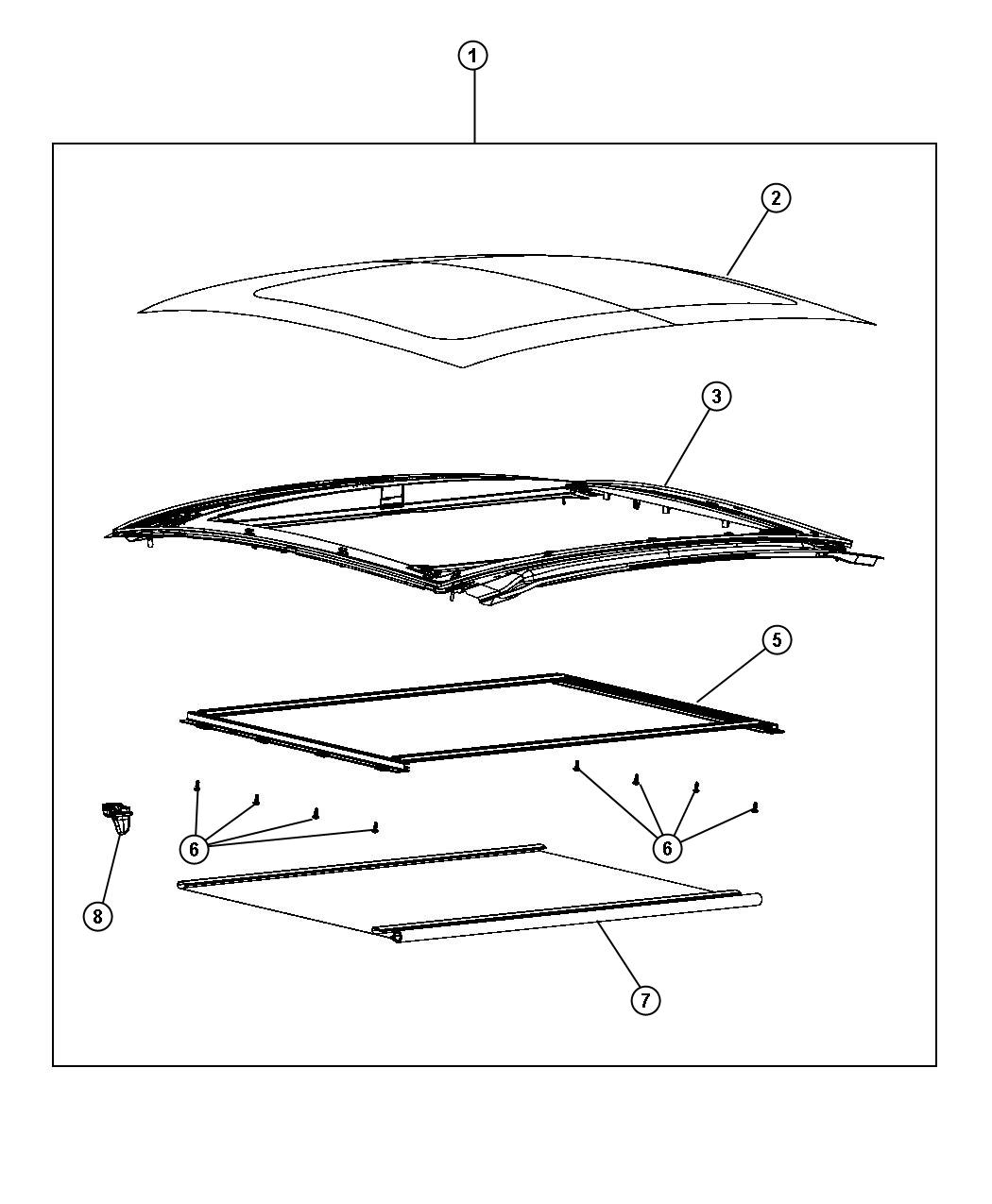 Diagram Sunroof Glass and Component Parts [Fixed Glass Roof]. for your 2021 Fiat 500X   