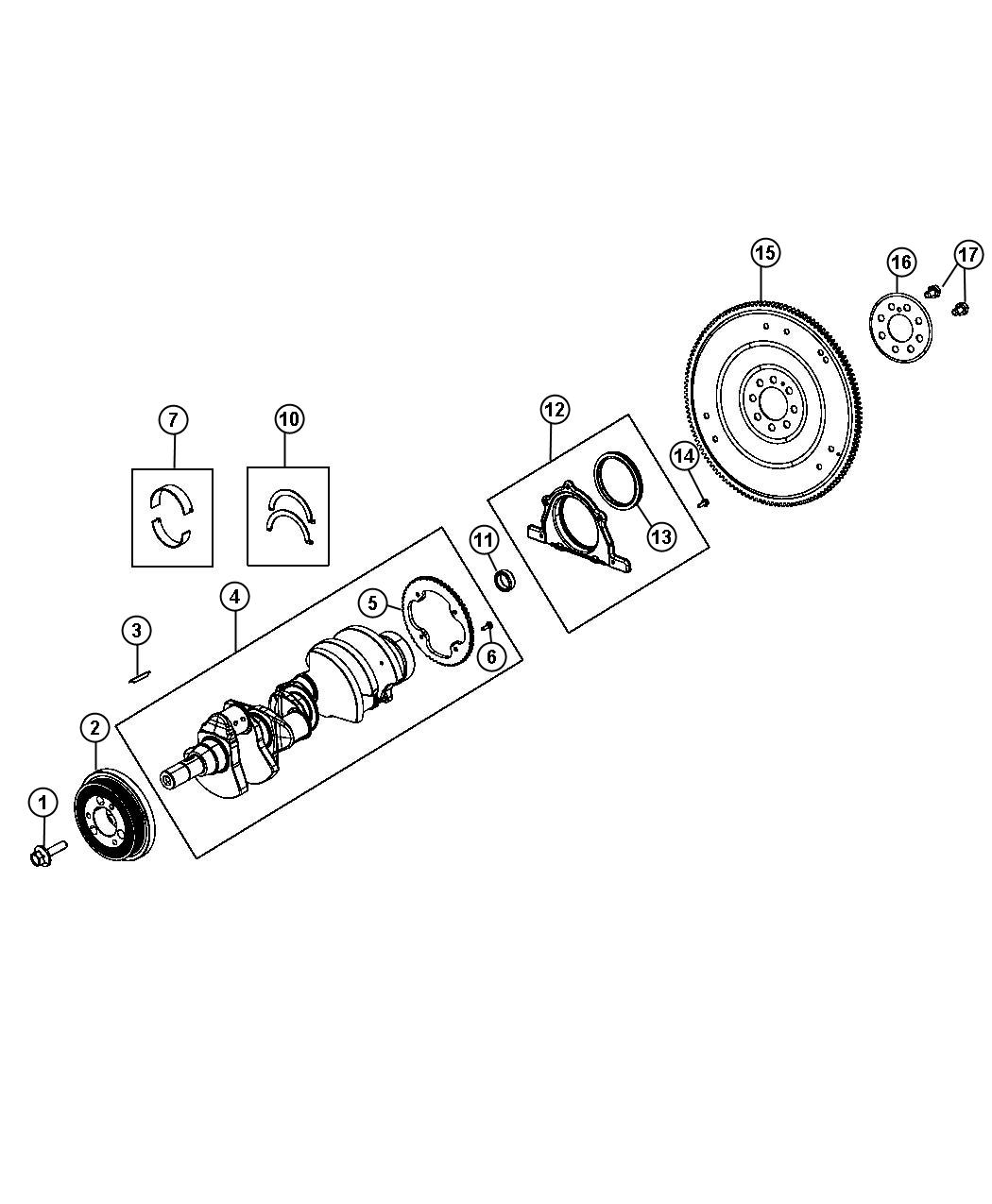 Diagram Crankshaft, Crankshaft Bearings, Damper And Flywheel 6.4L [6.4L V8 SRT HEMI MDS Engine]. for your 2009 Dodge Charger   