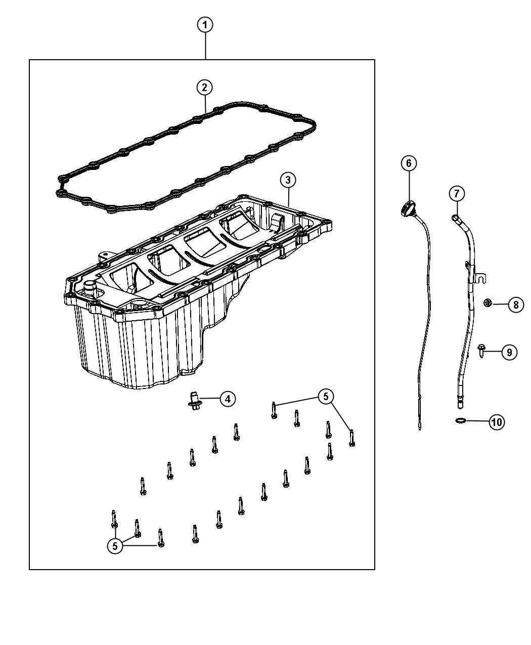 Diagram Engine Oil Pan, Engine Oil Level Indicator And Related Parts 5.7L [5.7L V8 HEMI MDS VVT Engine]. for your 2004 Chrysler 300  M 