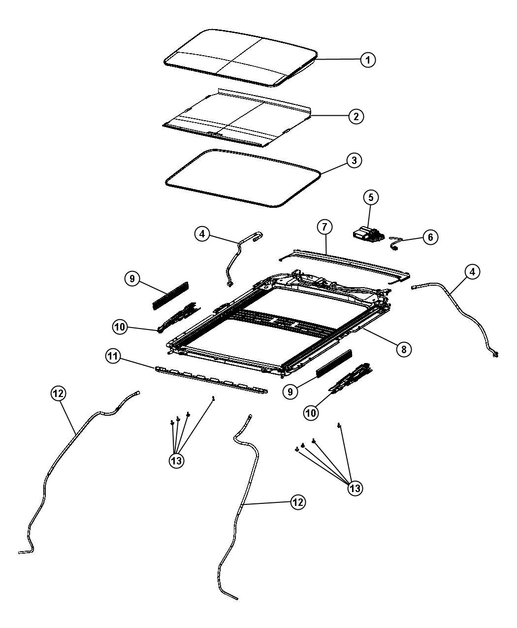 Diagram Sunroof Glass and Components Parts. for your 2000 Chrysler 300  M 