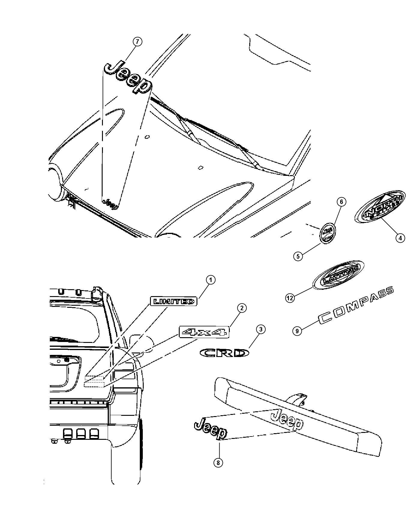 Diagram Nameplates, Emblems and Medallions. for your Jeep Compass  