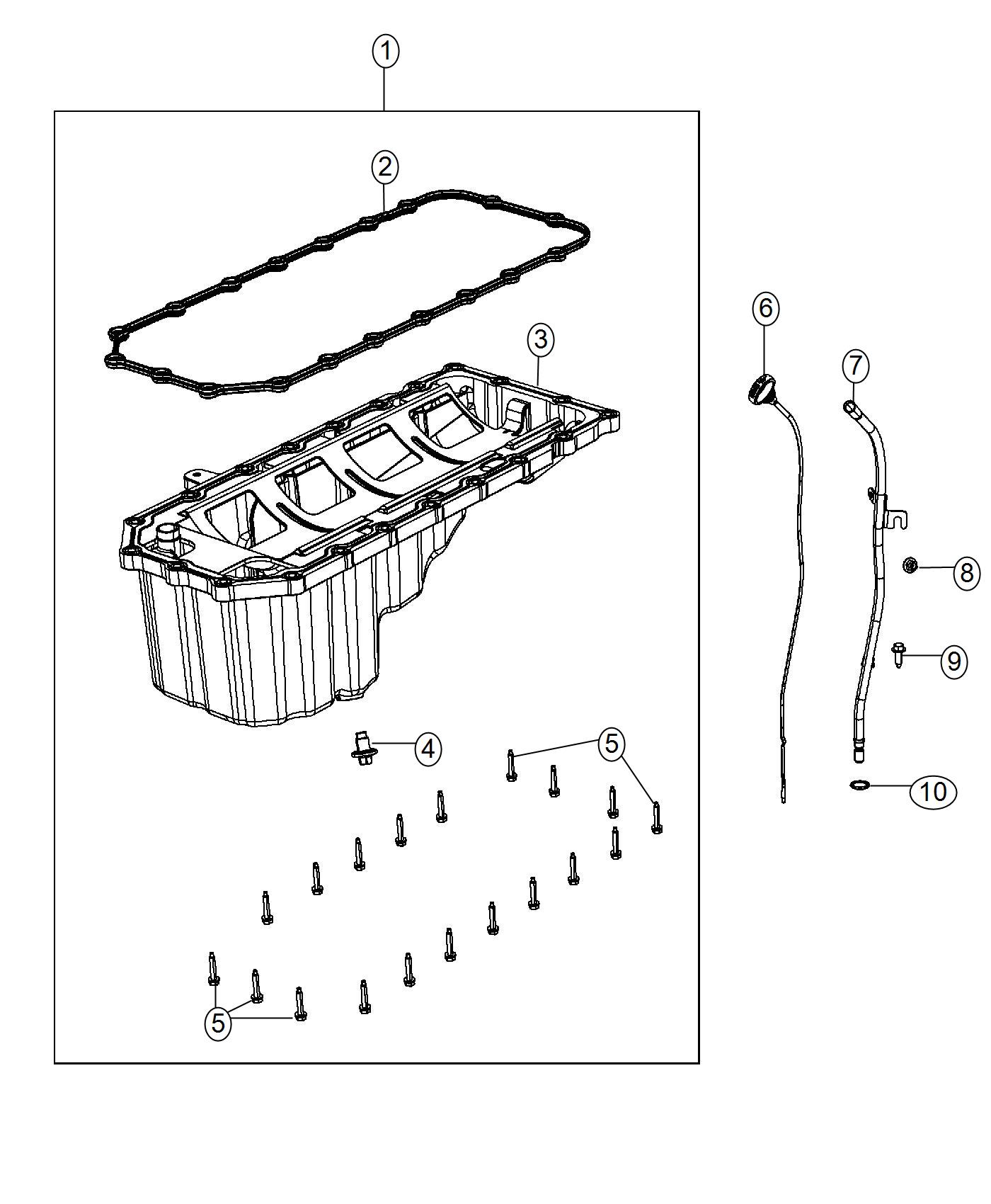 Diagram Engine Oil Pan, Engine Oil Level Indicator And Related Parts 5.7L [5.7L V8 HEMI MDS VVT Engine]. for your 2004 Chrysler 300  M 