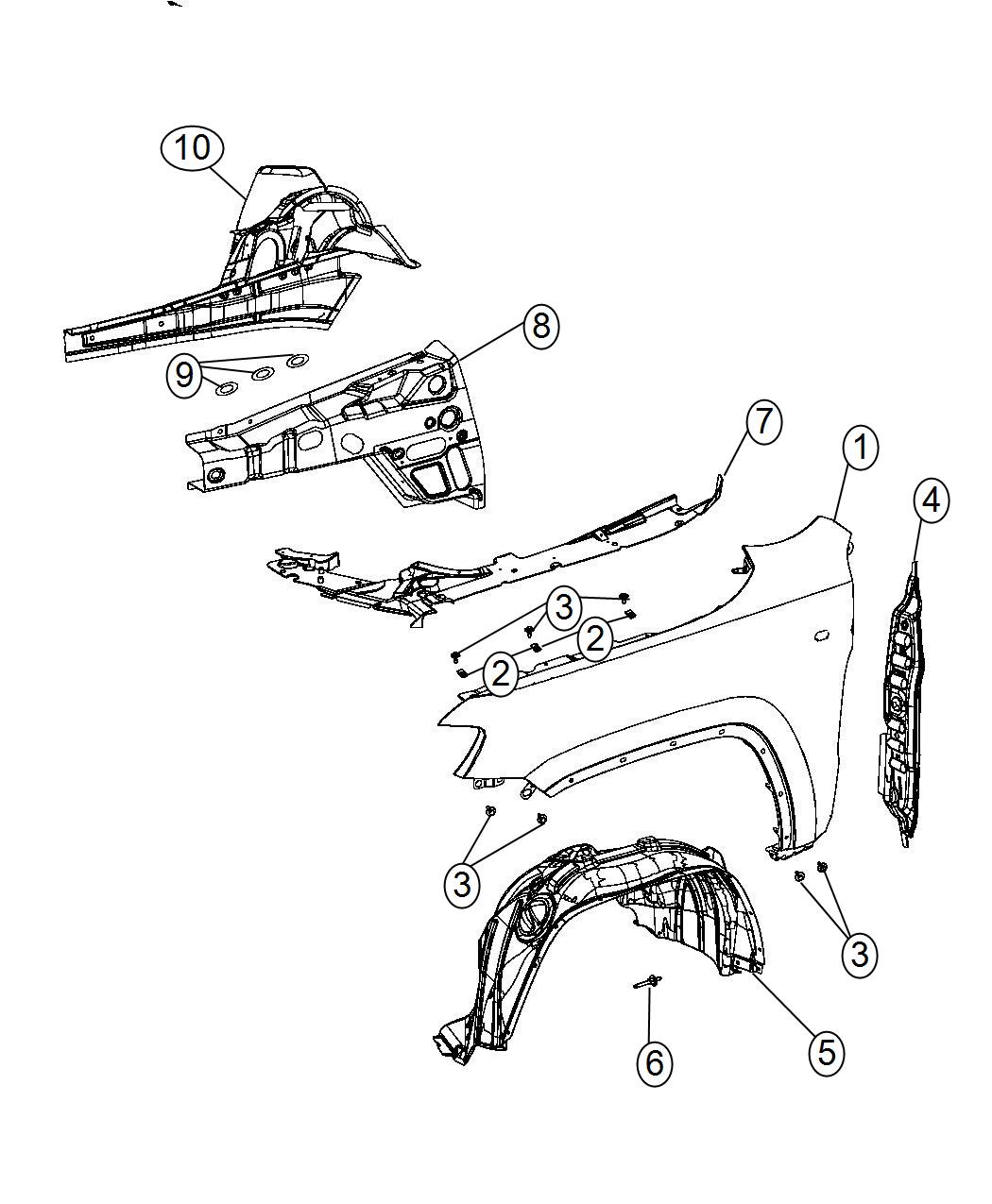 Diagram Front Fenders and Shields. for your Jeep