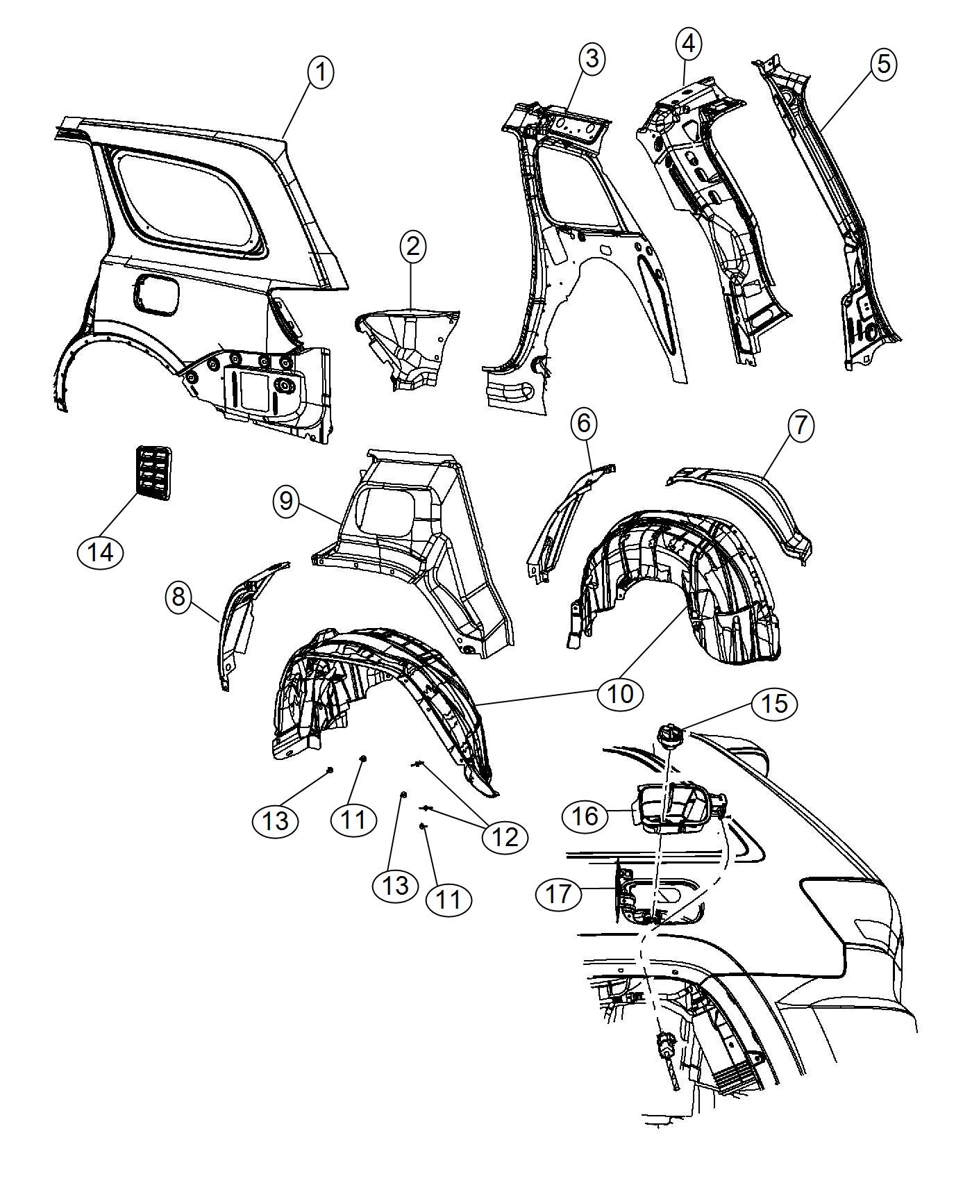 Diagram Quarter Panel and Fuel Filler Door. for your 2014 Jeep Grand Cherokee   