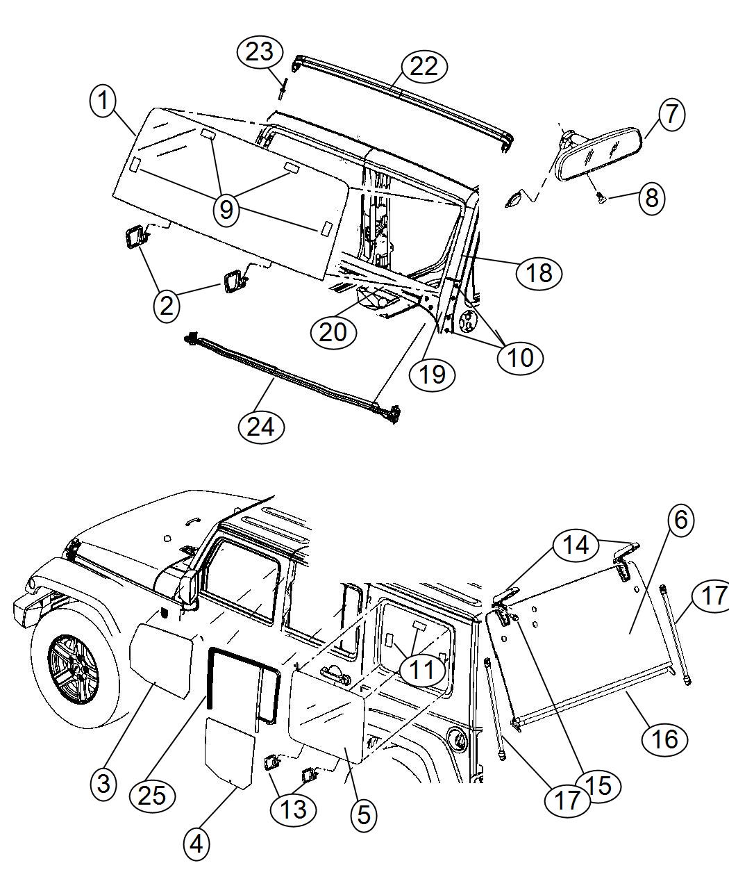 Diagram Glass, Glass Hardware and Interior Mirror. for your Jeep