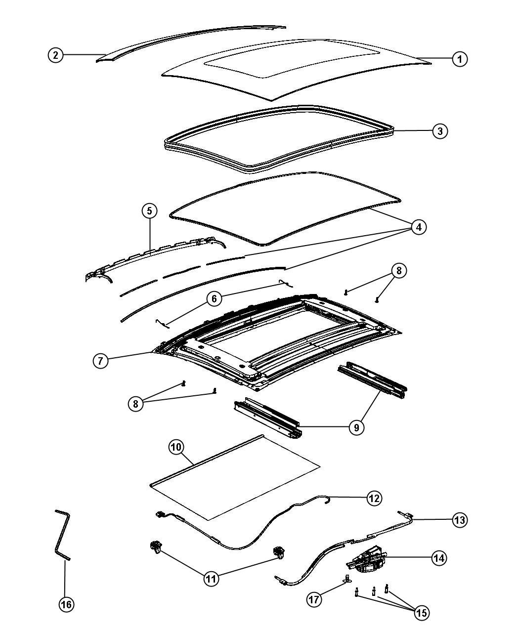 Diagram Sunroof and Component Parts [Power Sunroof]. for your 2017 Fiat 500X   