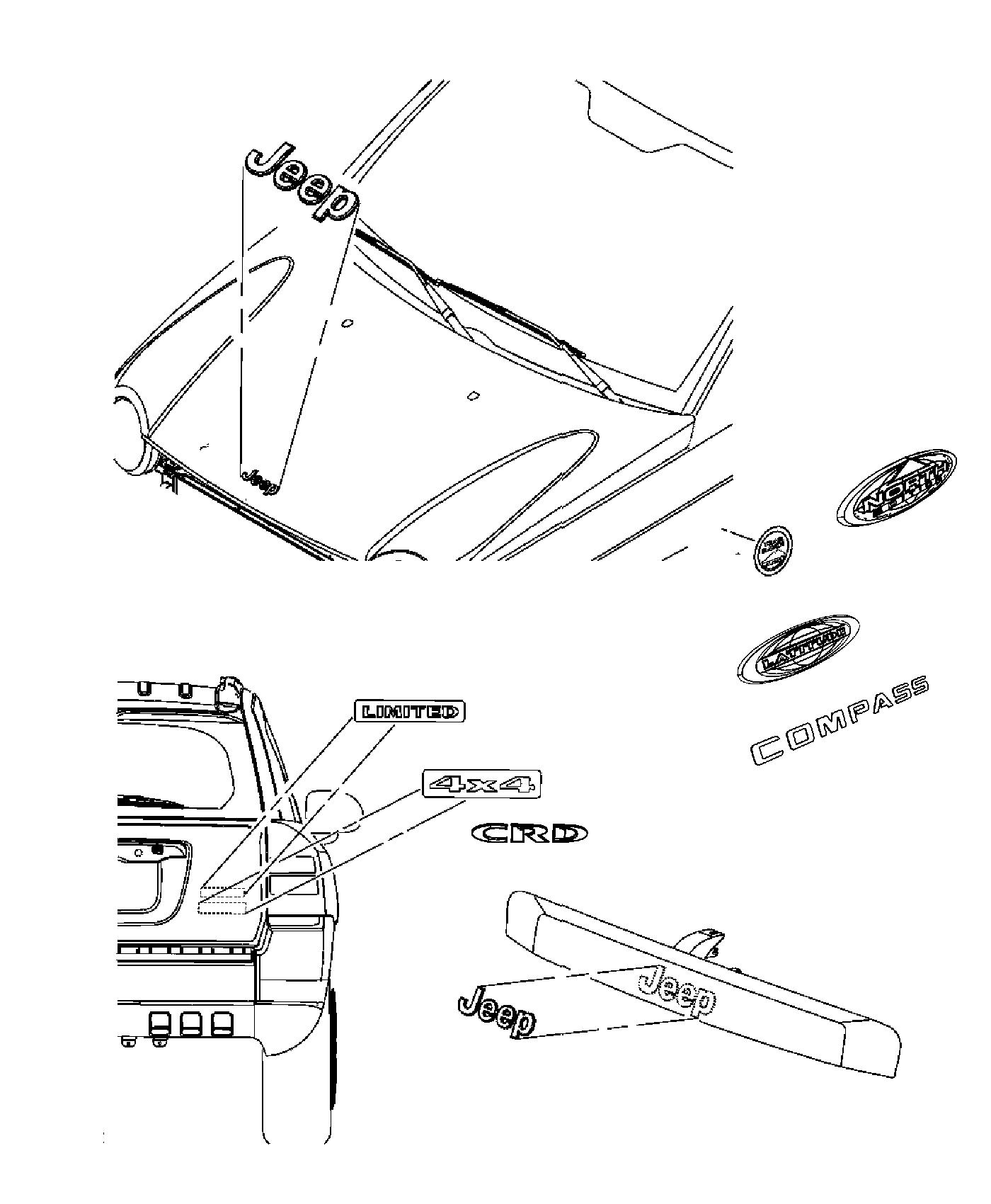 Diagram Nameplates, Decals and Medallions. for your Jeep Compass  