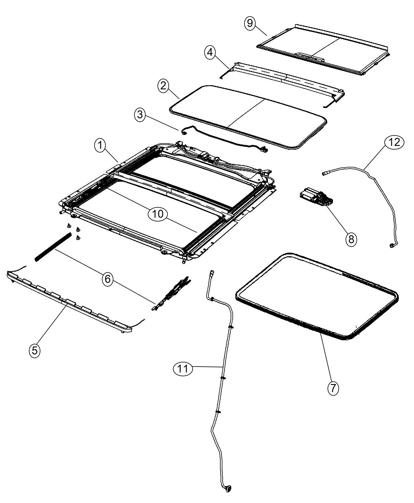 Diagram Sunroof Glass and Component Parts. for your 2014 Ram 3500   