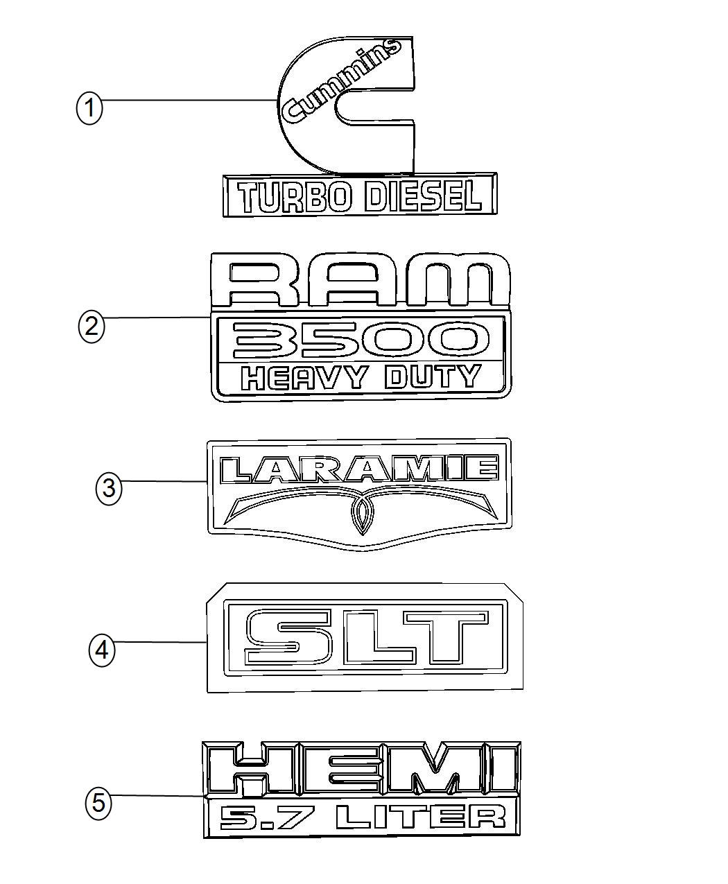 Diagram Nameplates, Emblems and Medallions. for your 2010 Dodge Ram 1500  SLT REG CAB 6.5 FT BOX 