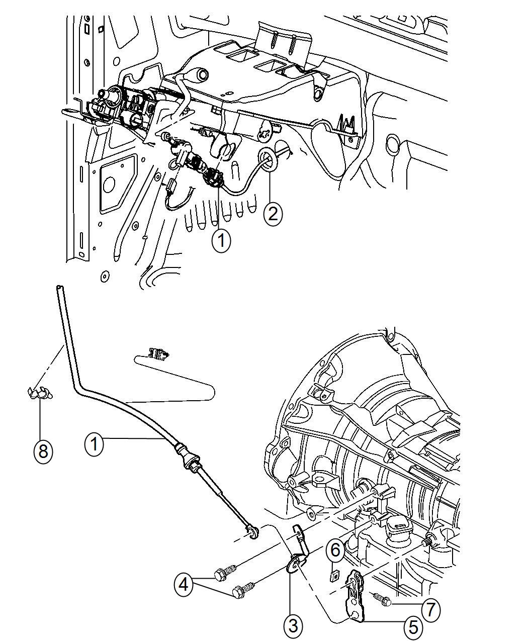 Diagram Gearshift Lever, Cable and Bracket. for your 2014 Ram 2500   